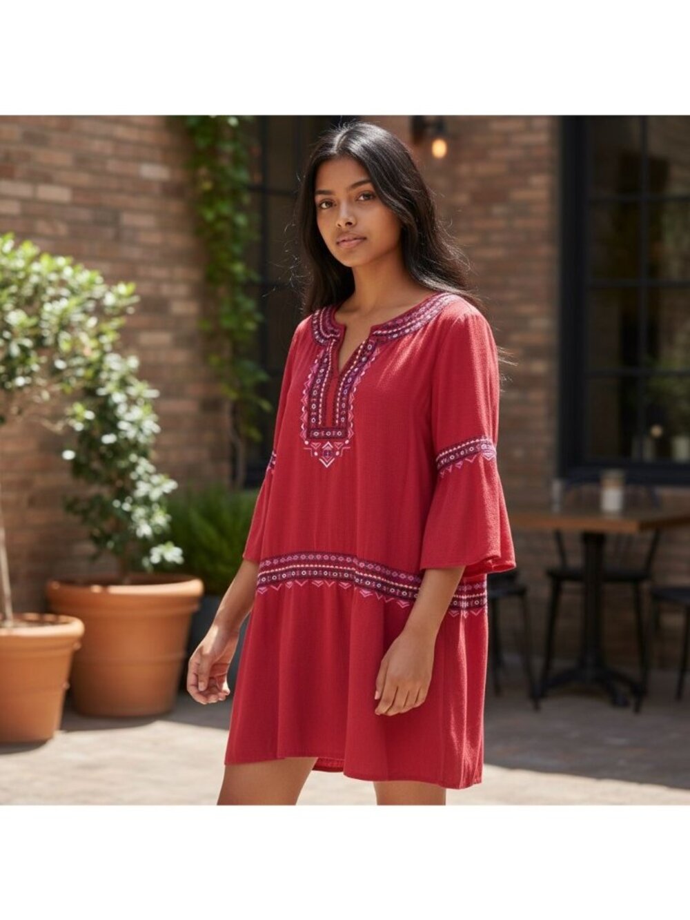 Ella Moon Womens Dress Size LG Embroidered Boho Swing 3/4 Bell Sleeve Slip 2 PC - Picture 2 of 16